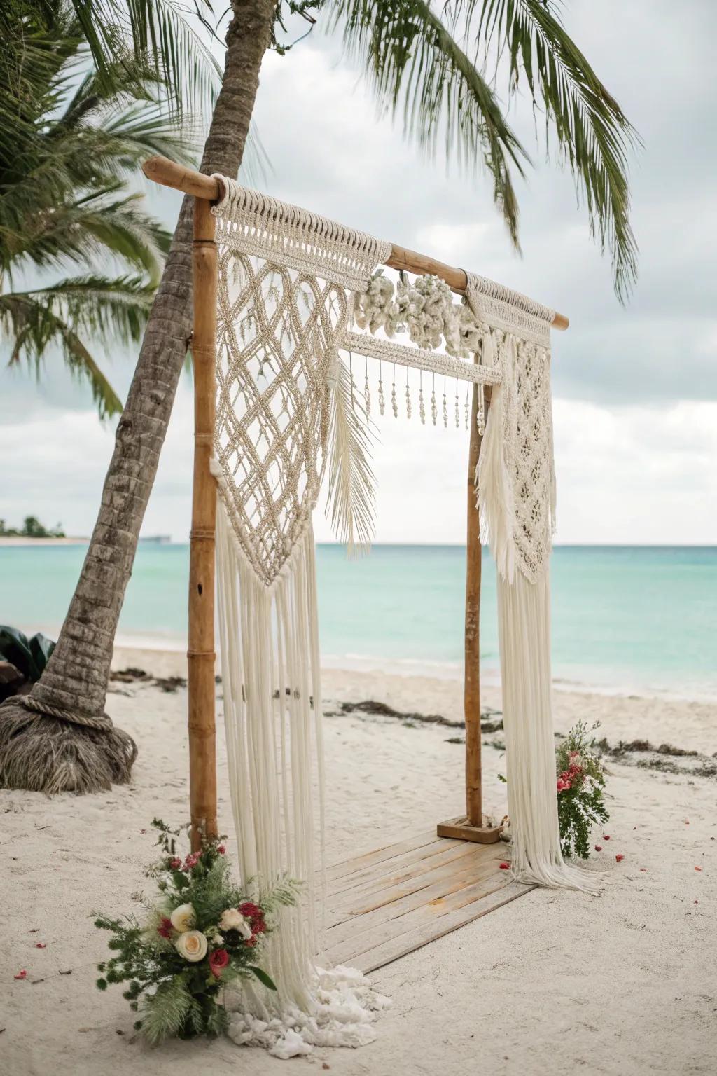 A bohemian knotted cord arch adding texture and style.