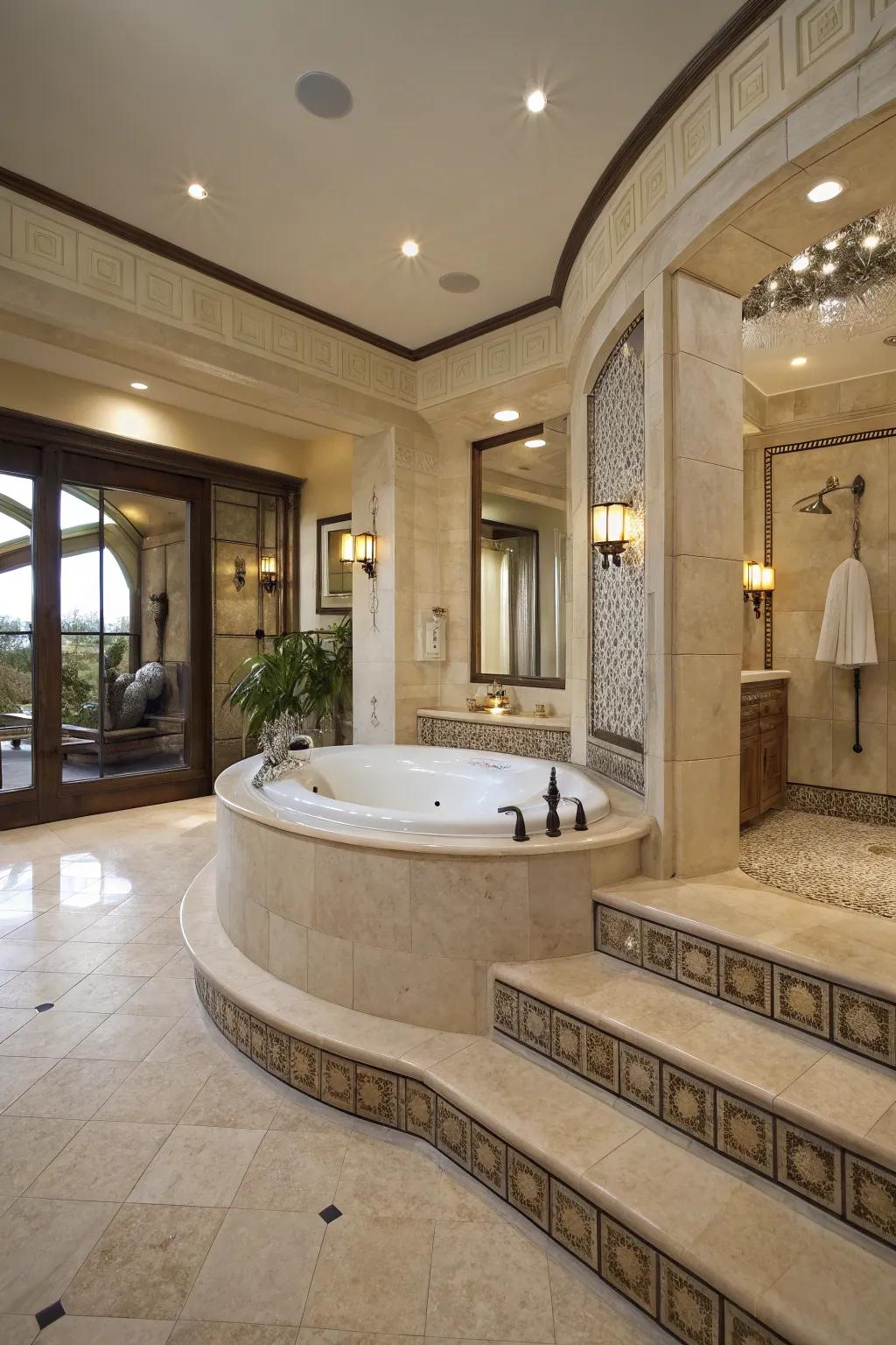 An elevated platformed tub establishes a luxurious focal point in the bathroom.
