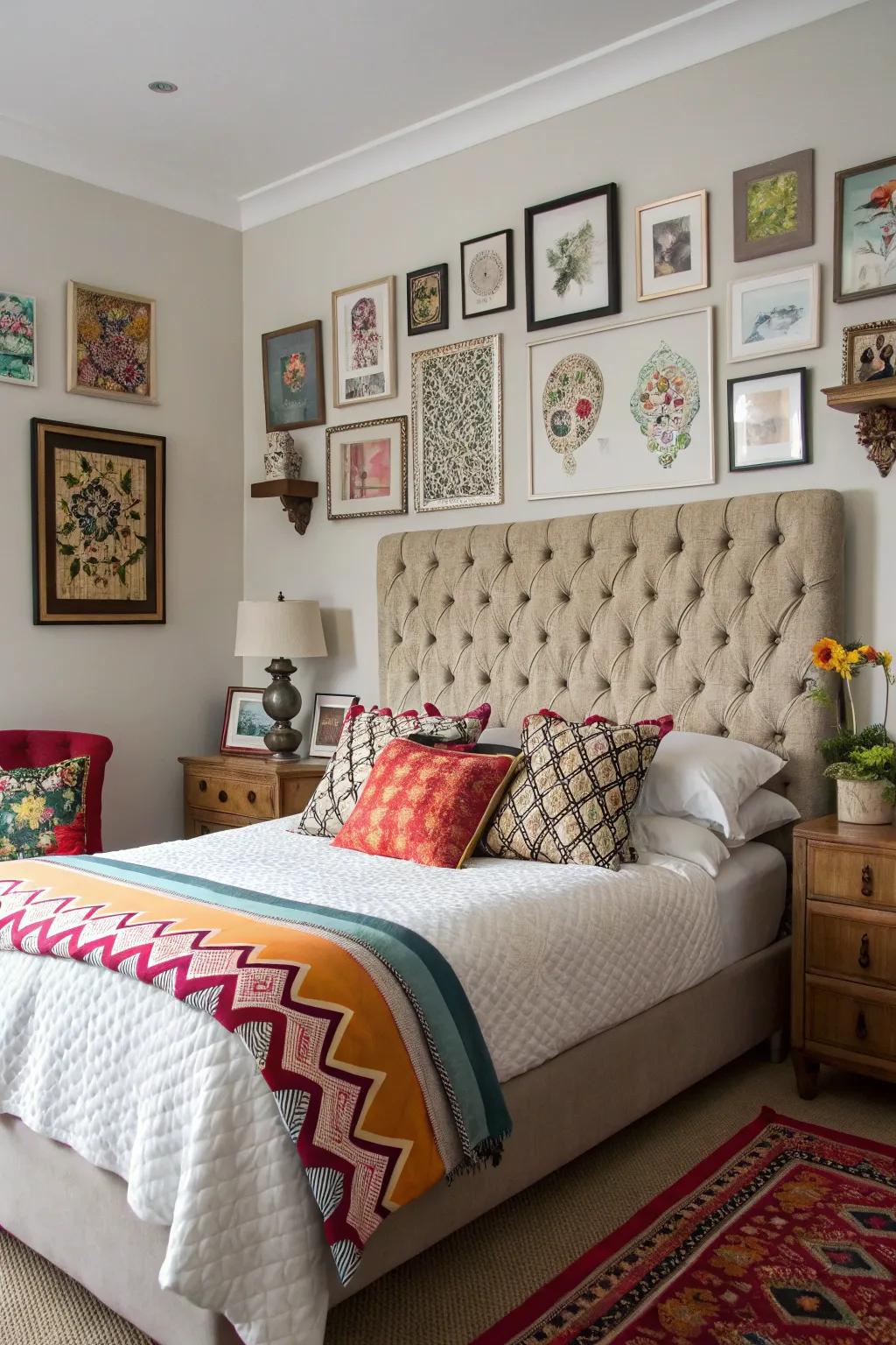 An eclectic bedroom showcases a patterned tufted headboard.