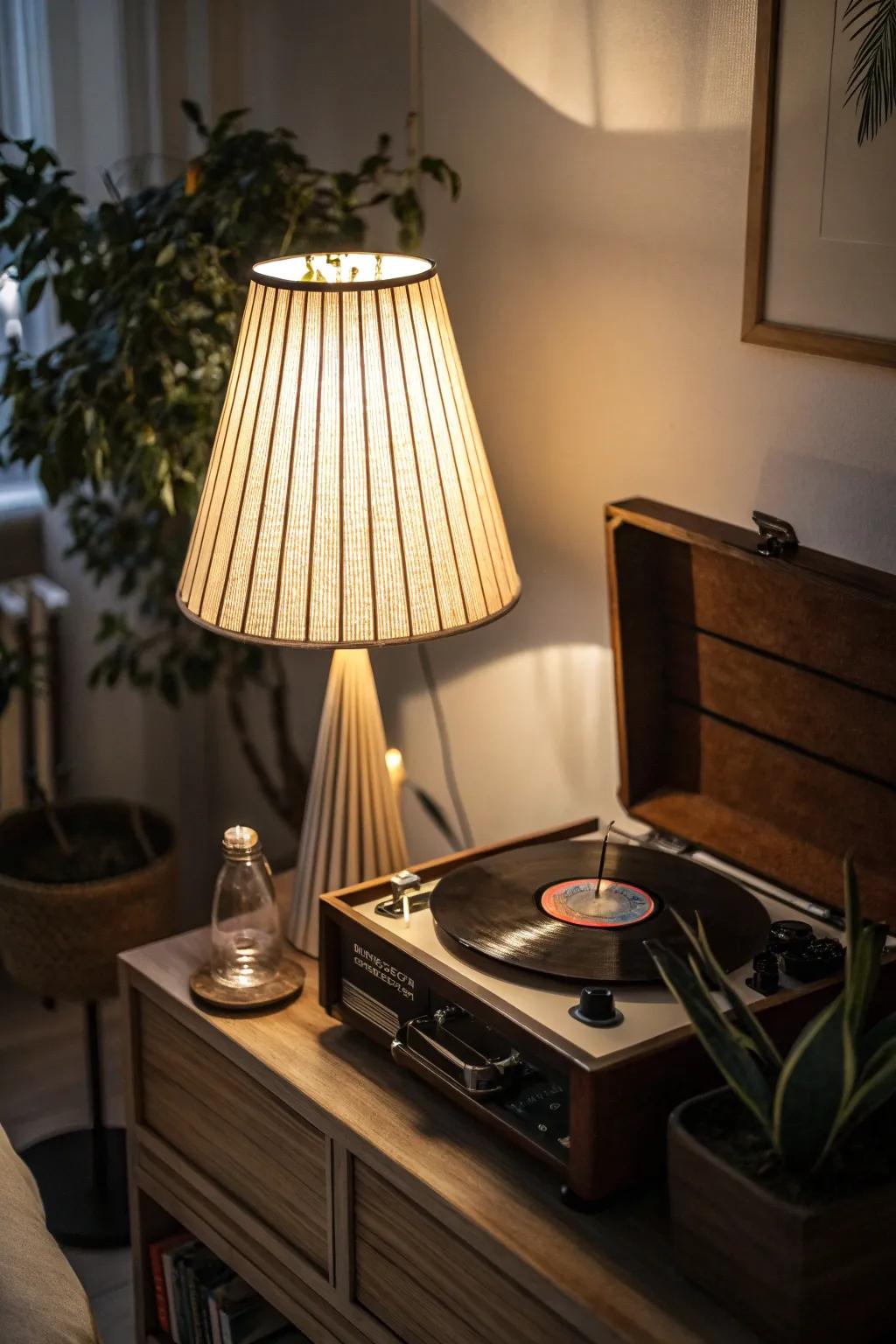 A soothing floor lamp adding soft light to a record player space.