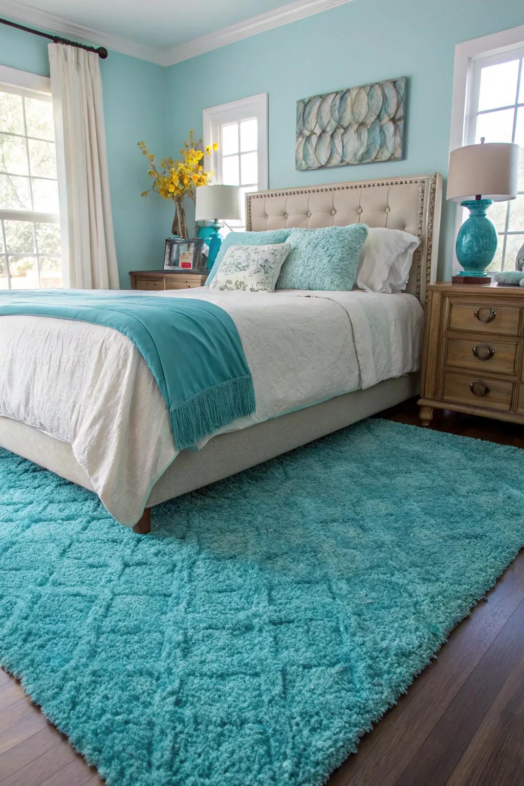 A turquoise rug stabilizes this bedroom’s design, introducing a compelling splash of color.