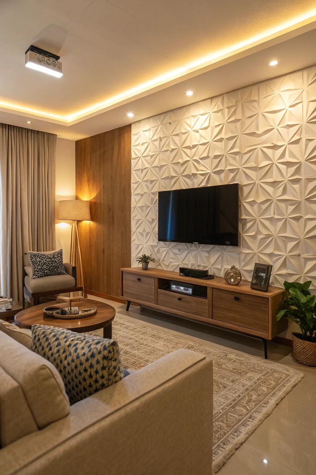 Textured panels introduce depth and intrigue to this TV feature wall.