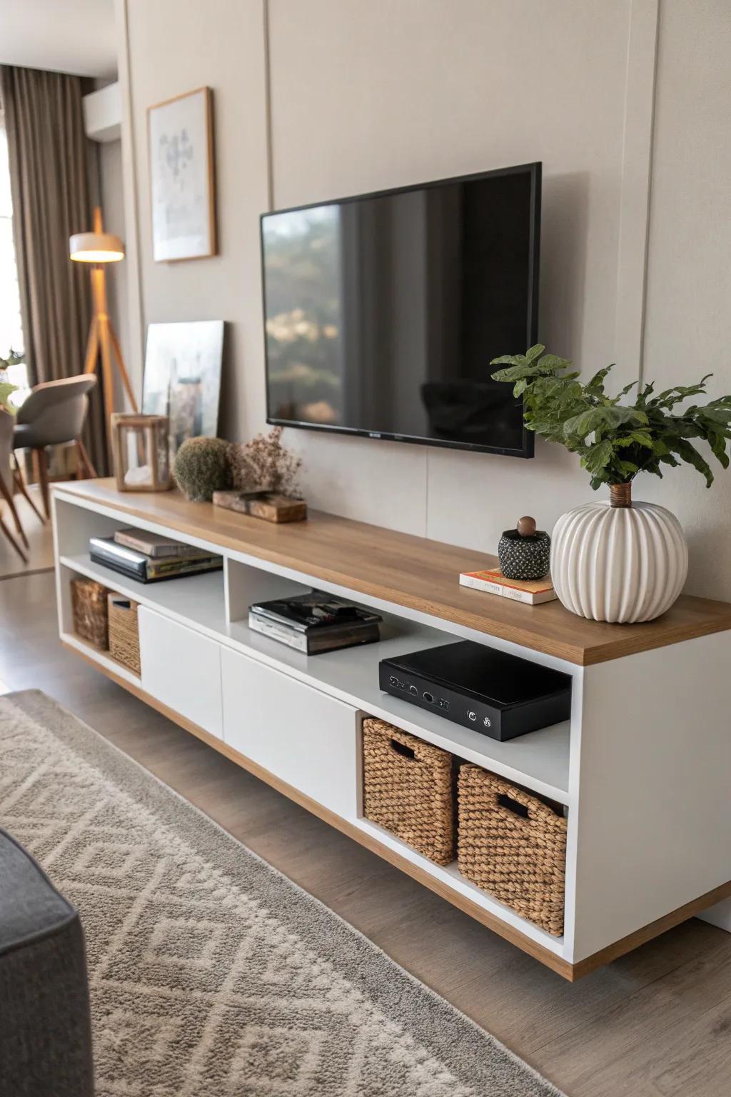 Hanging console creates space for underneath storage.
