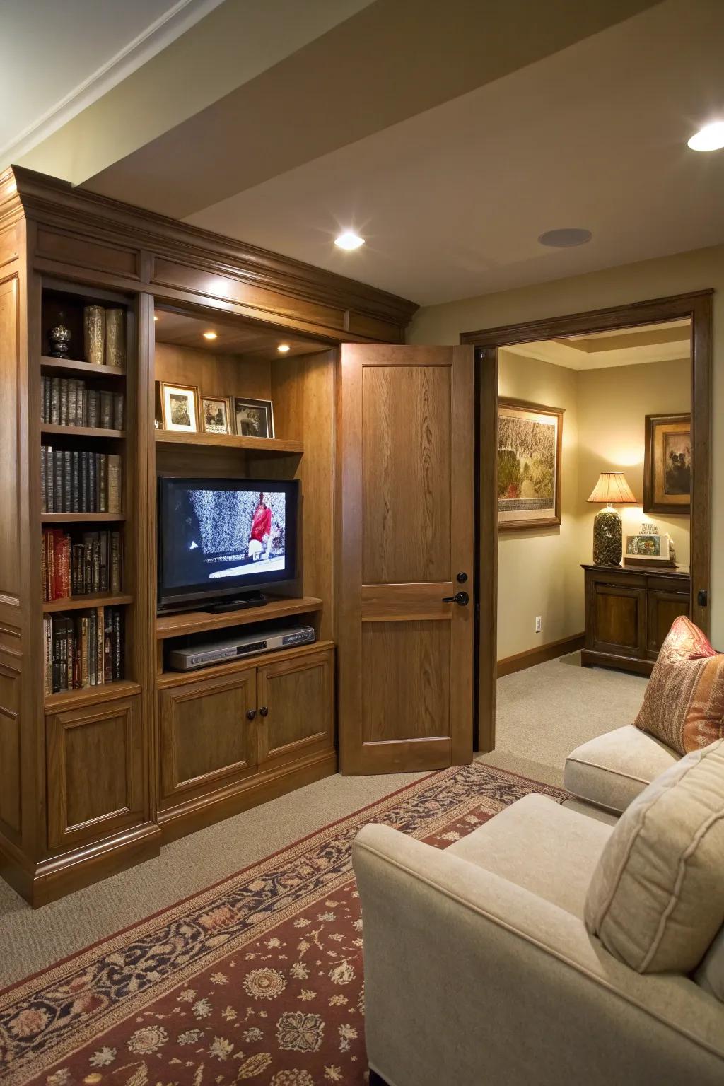 An adaptable alcove providing a cozy retreat featuring TV integration.