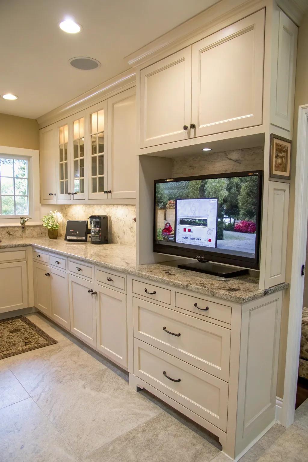 A small panel display affixed beneath cooking area cupboards for convenient viewing.