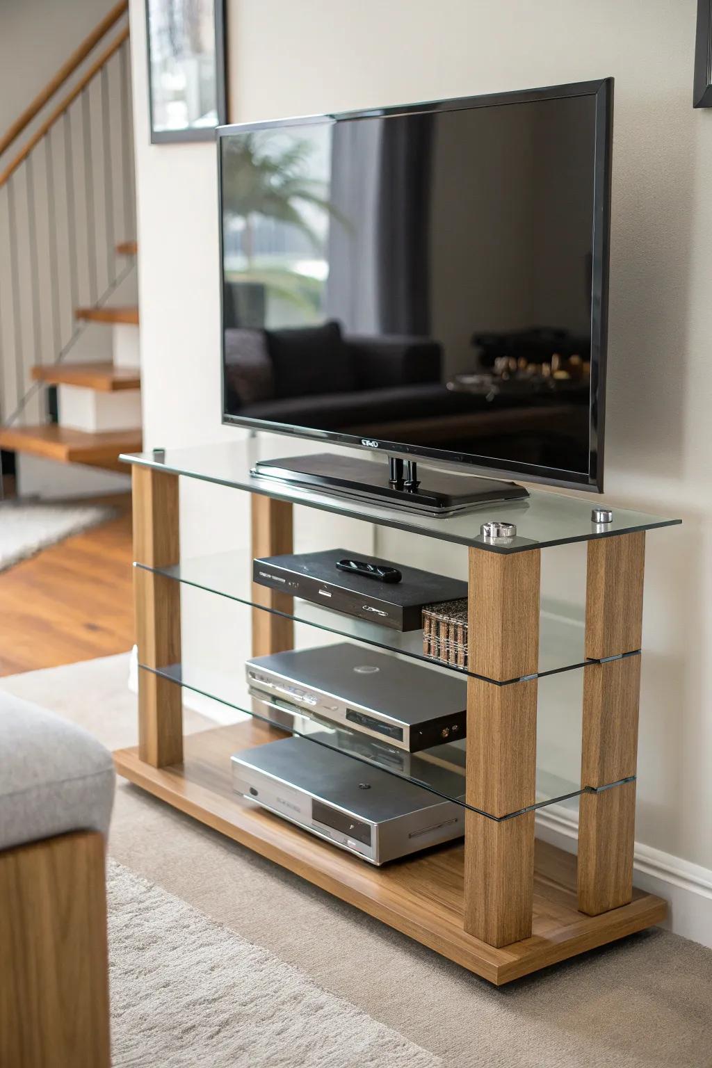 Elevated stands offer hidden storage chances underneath.