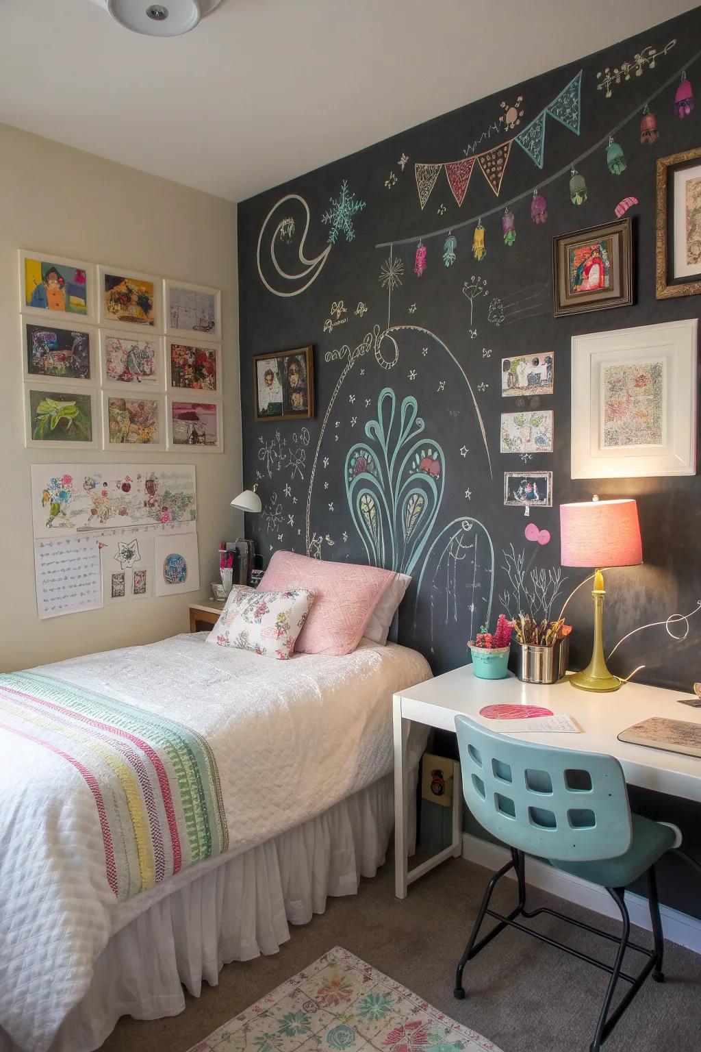 A chalkboard wall is a creative canvas, perfect for doodles and ideas.