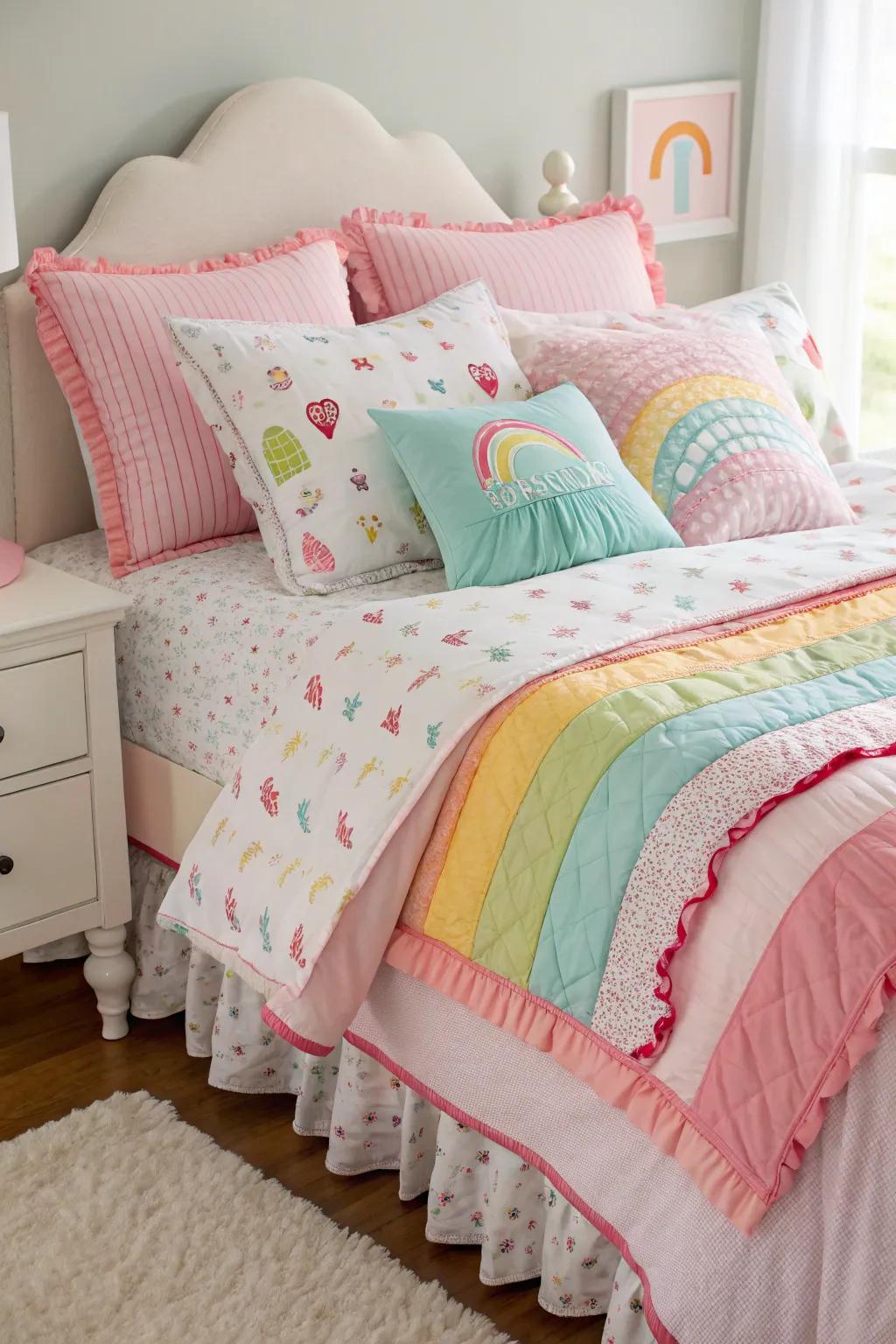 A snug retreat featuring layered bedding and vibrant cushions.