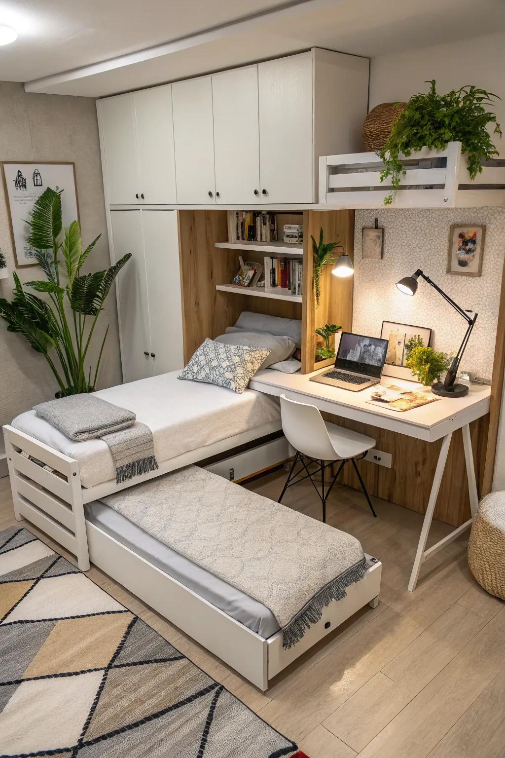 Versatile furnishings maximize efficiency within twin bed rooms.