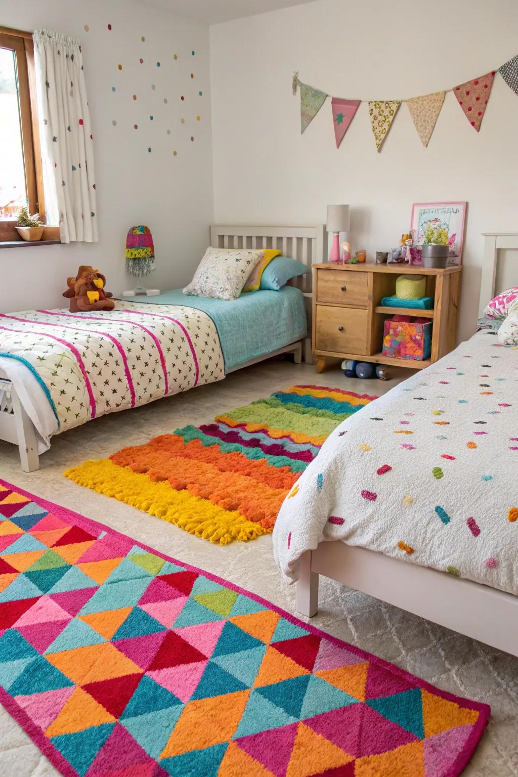 Bright ground coverings add warmth and a playful hint to the area.