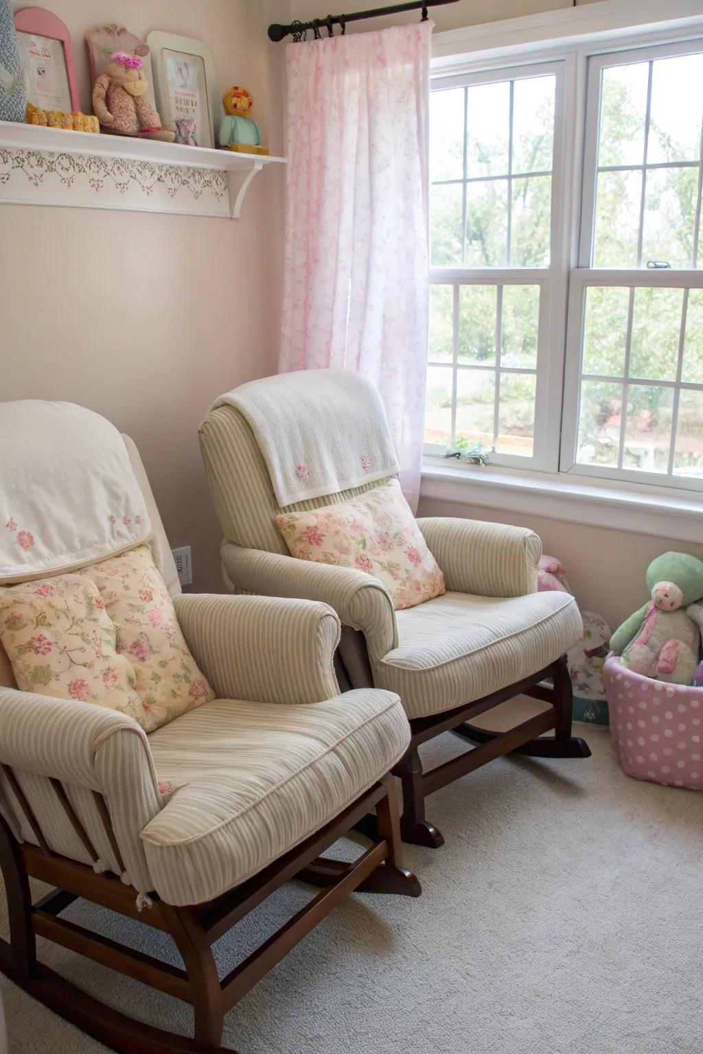 Dual gliding chairs offer comfort and ease for soothing twins.