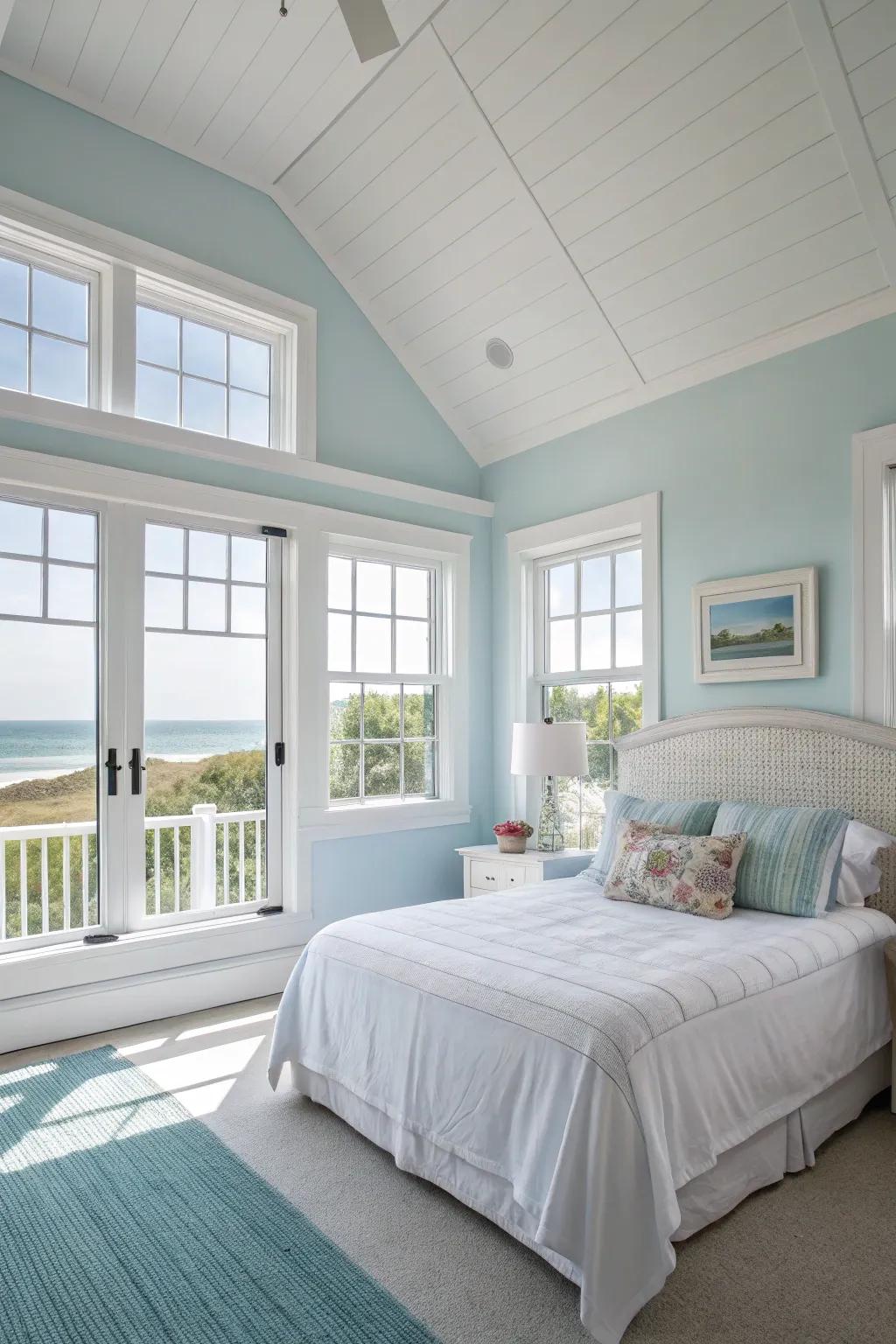 An airy bedroom featuring azure and white walls, like a clear sky.