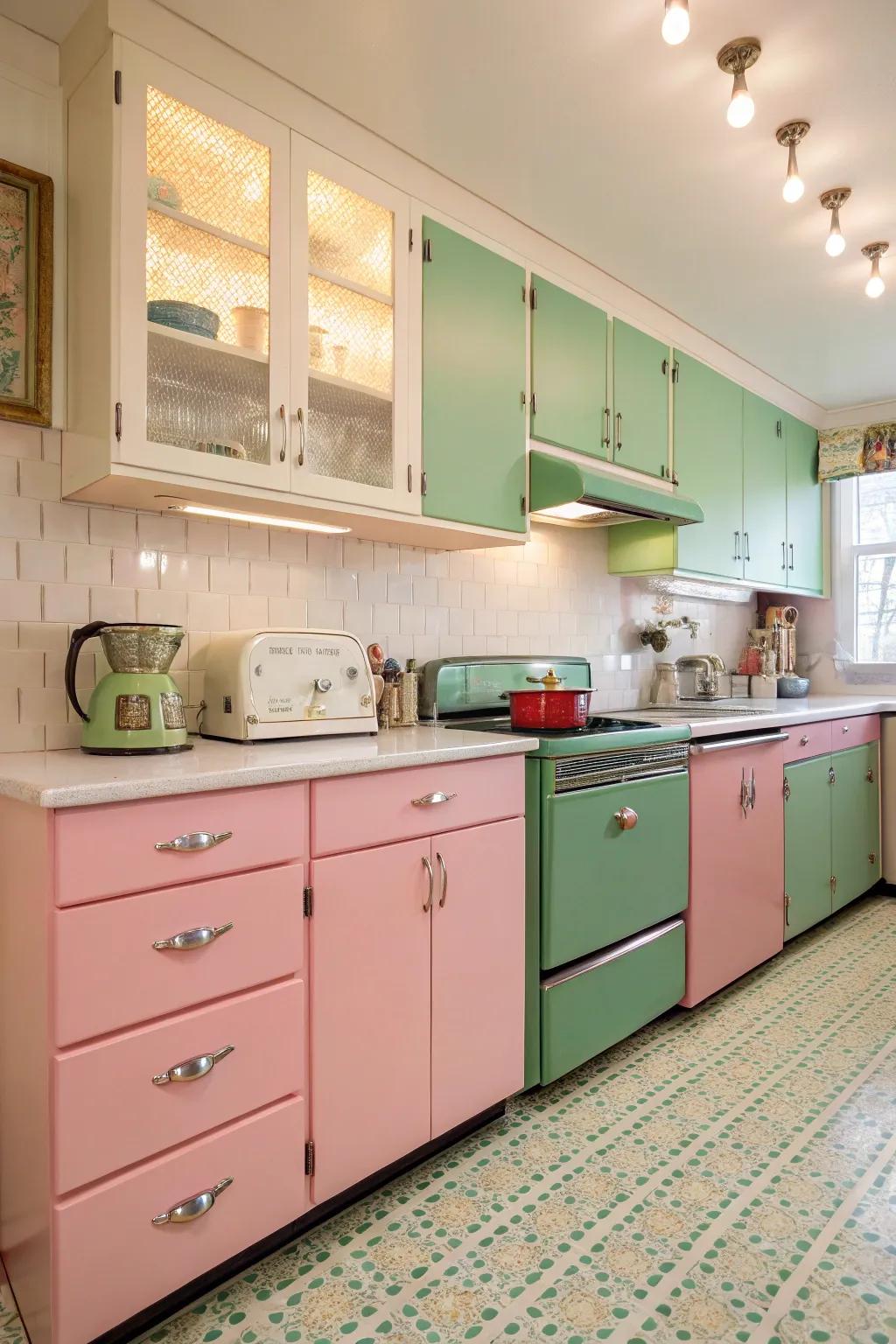 A playful rose-tinted and verdant kitchen with a retro charm.