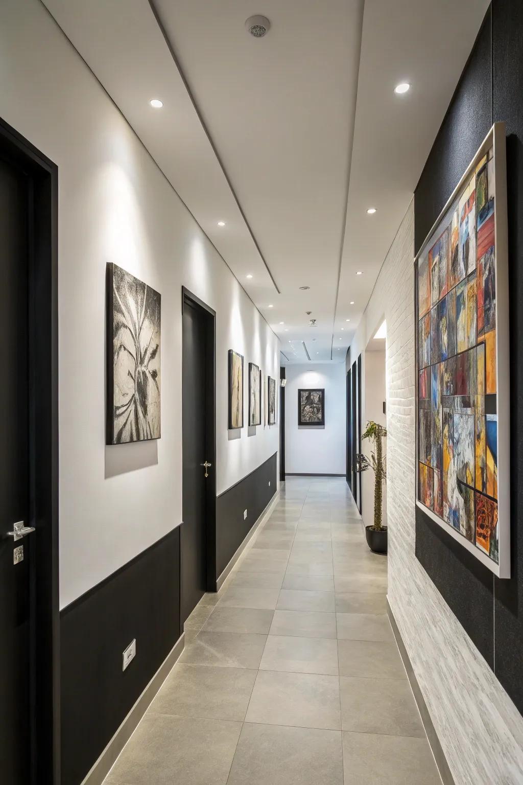 Modern artistry is strikingly showcased against chic monochrome surfaces.