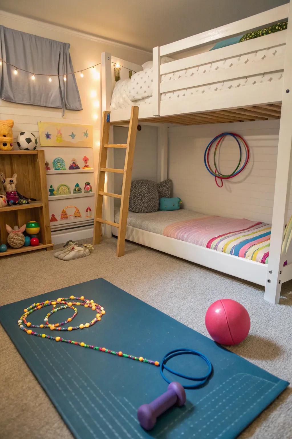A tiny gym for children beneath the bunk bed.
