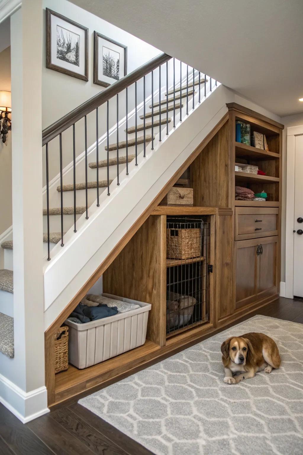 An integrated kennel can unify panache and practicality effortlessly.