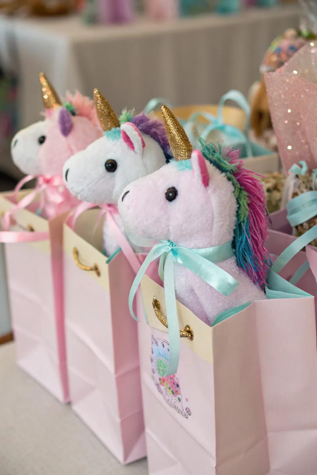 Charming unicorn toys in favor bags.