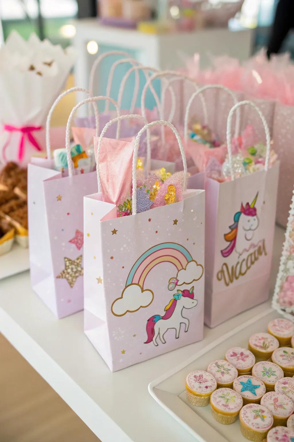 Unicorn party favor satchels primed for attendees to convey homeward.