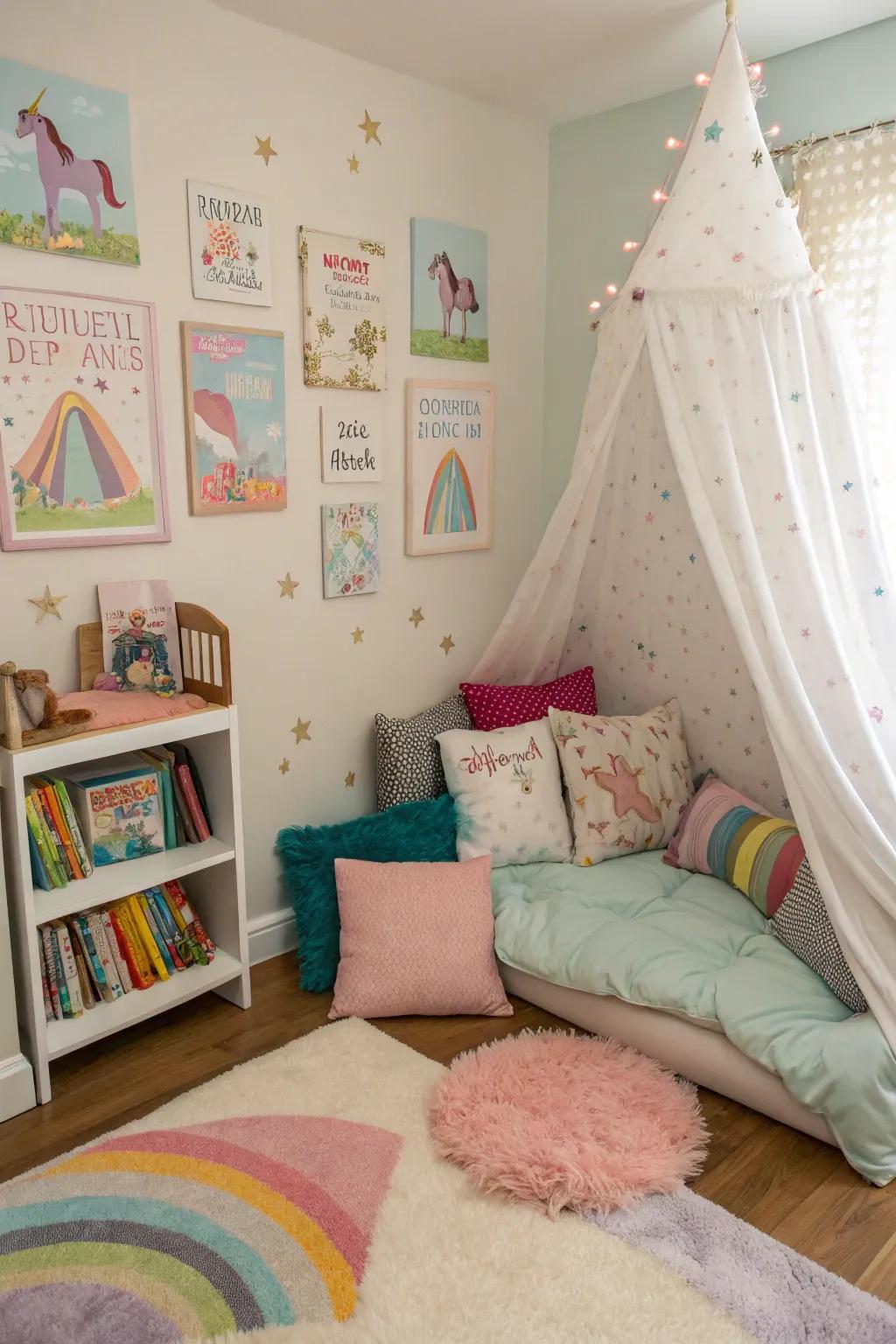 A reading nook offers a magical retreat for little readers.