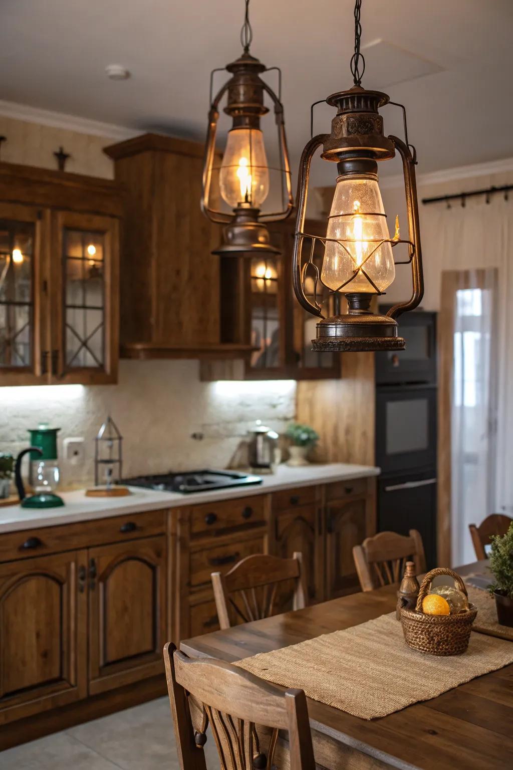 Vintage lanterns instill warmth and rustic allure into the kitchen.