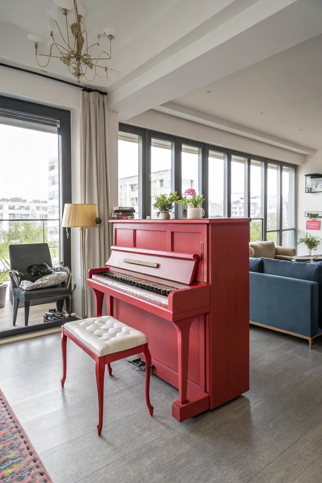 A contemporary living space featuring a boldly painted upright piano.