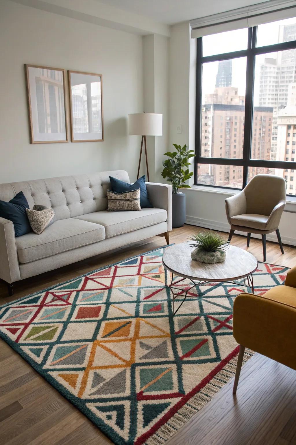 Rugs with strong patterns add warmth and define spaces beautifully.