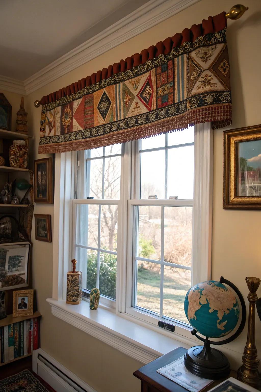 A window displaying a culturally inspired topper in a globally themed room.