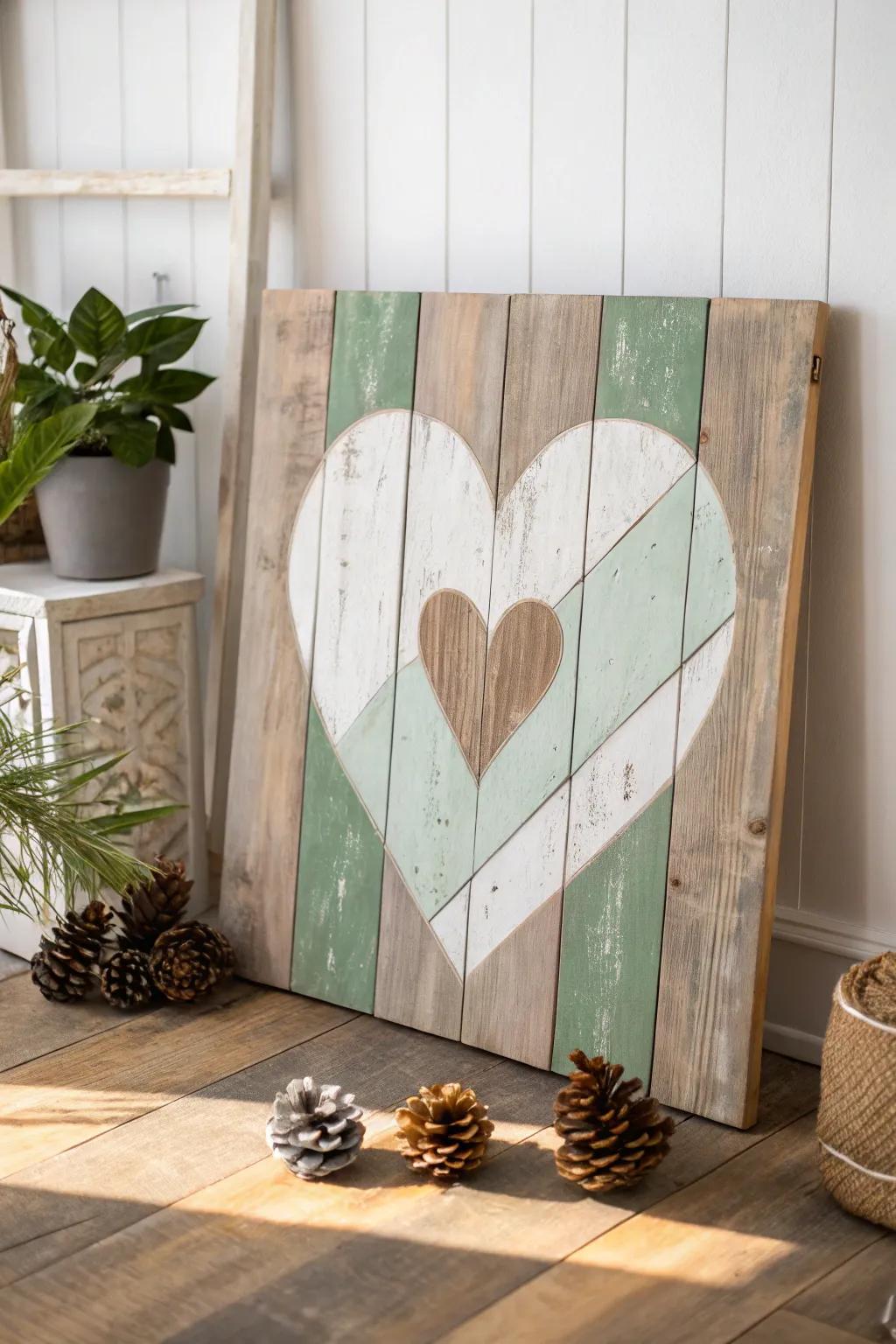 With this handcrafted wooden heart canvas, embrace the coziness of rustic elegance.