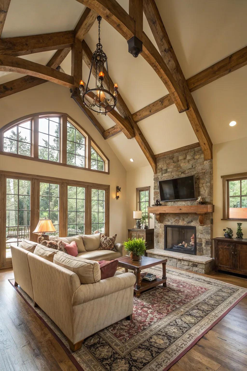 Living room featuring a vaulted ceiling and country-style timber planks on the accent wall