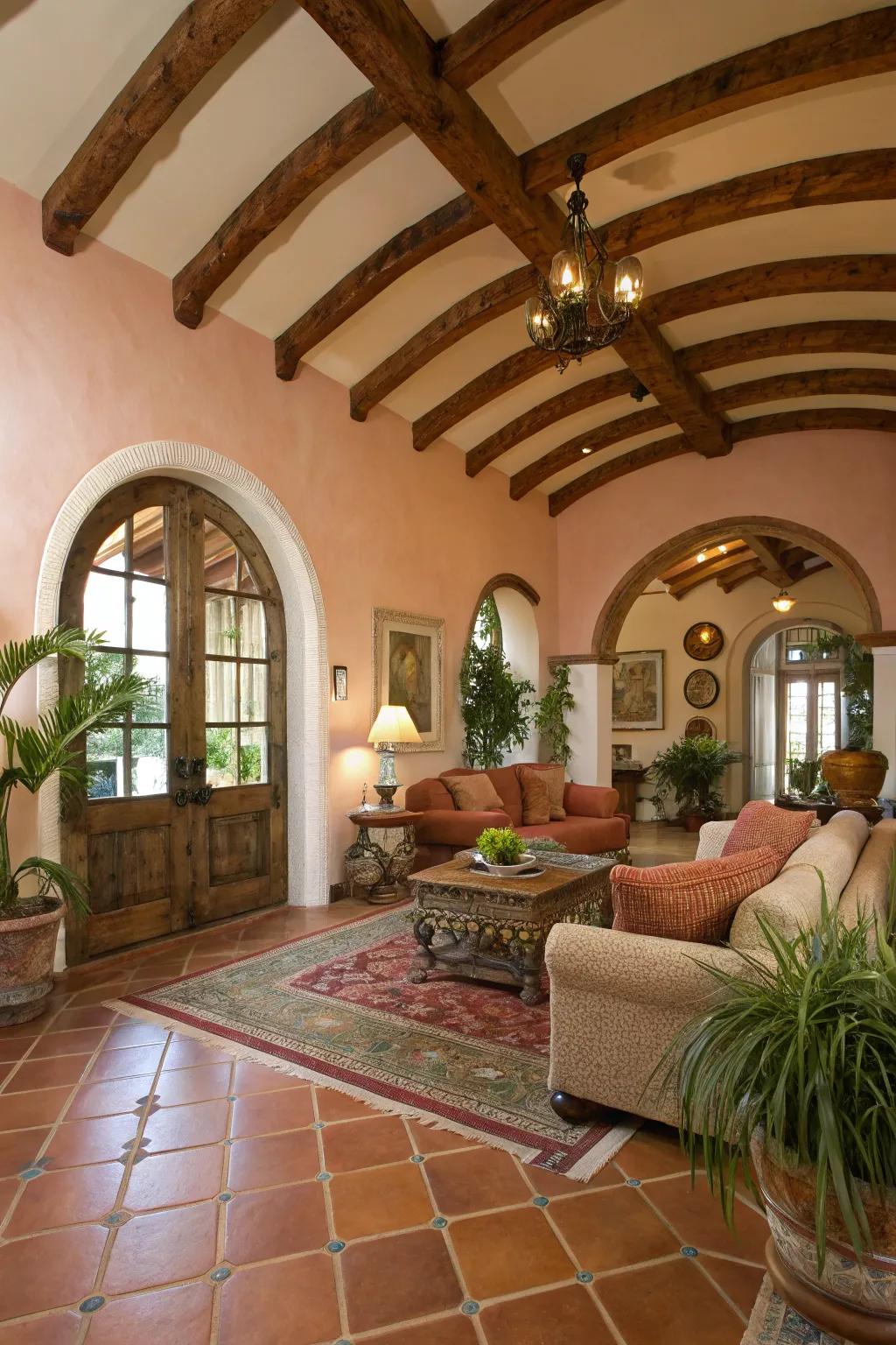 Mediterranean vibes with arched beams on a vaulted ceiling.
