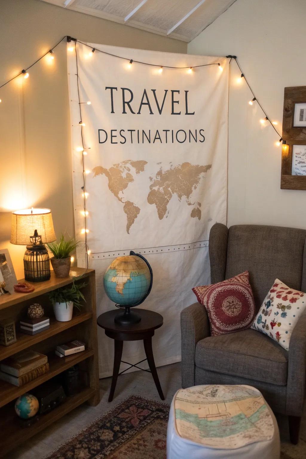 Travel-themed displays showcase beloved destinations in a cozy den.