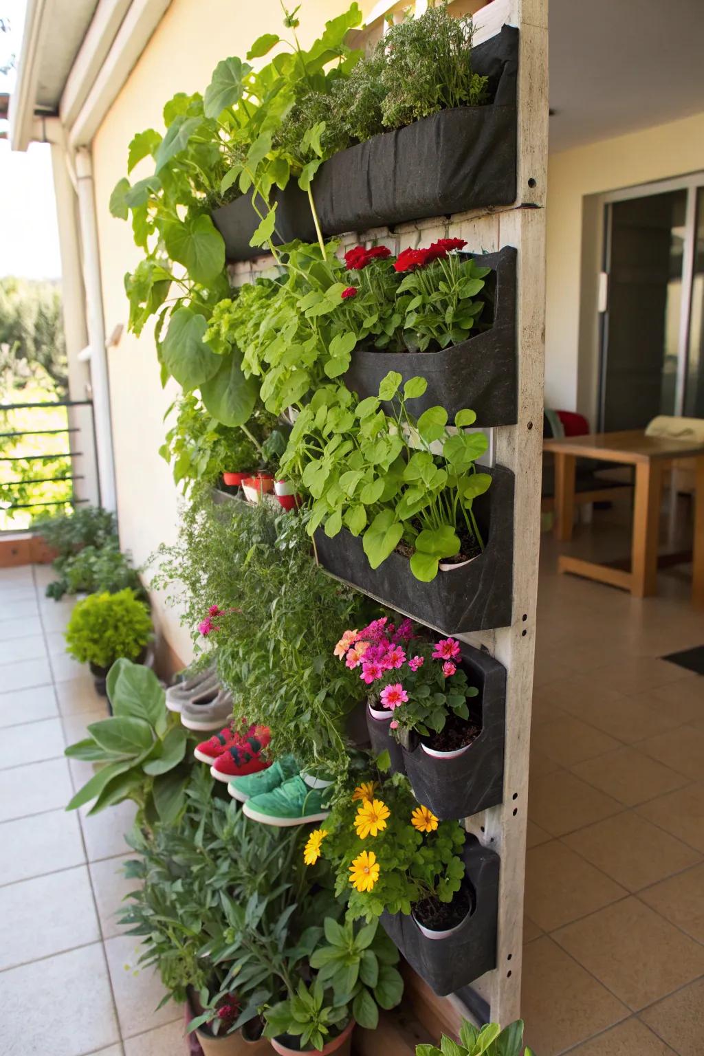An upcycled upright garden employing repurposed household articles.