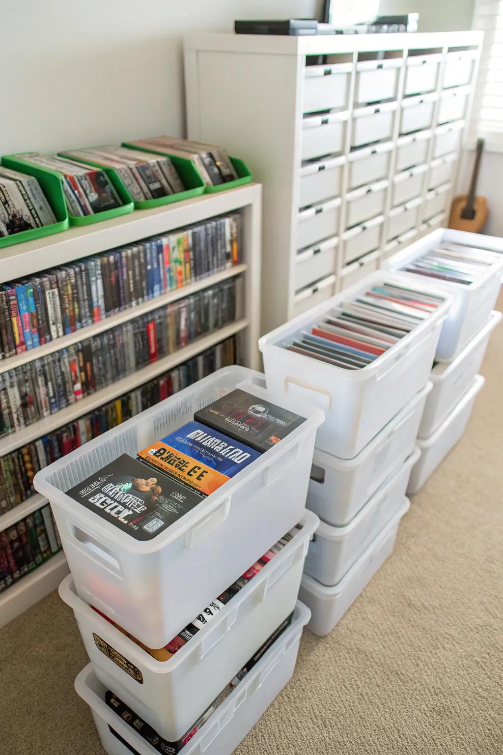 Stackable bins presenting adaptable video game storage solutions.