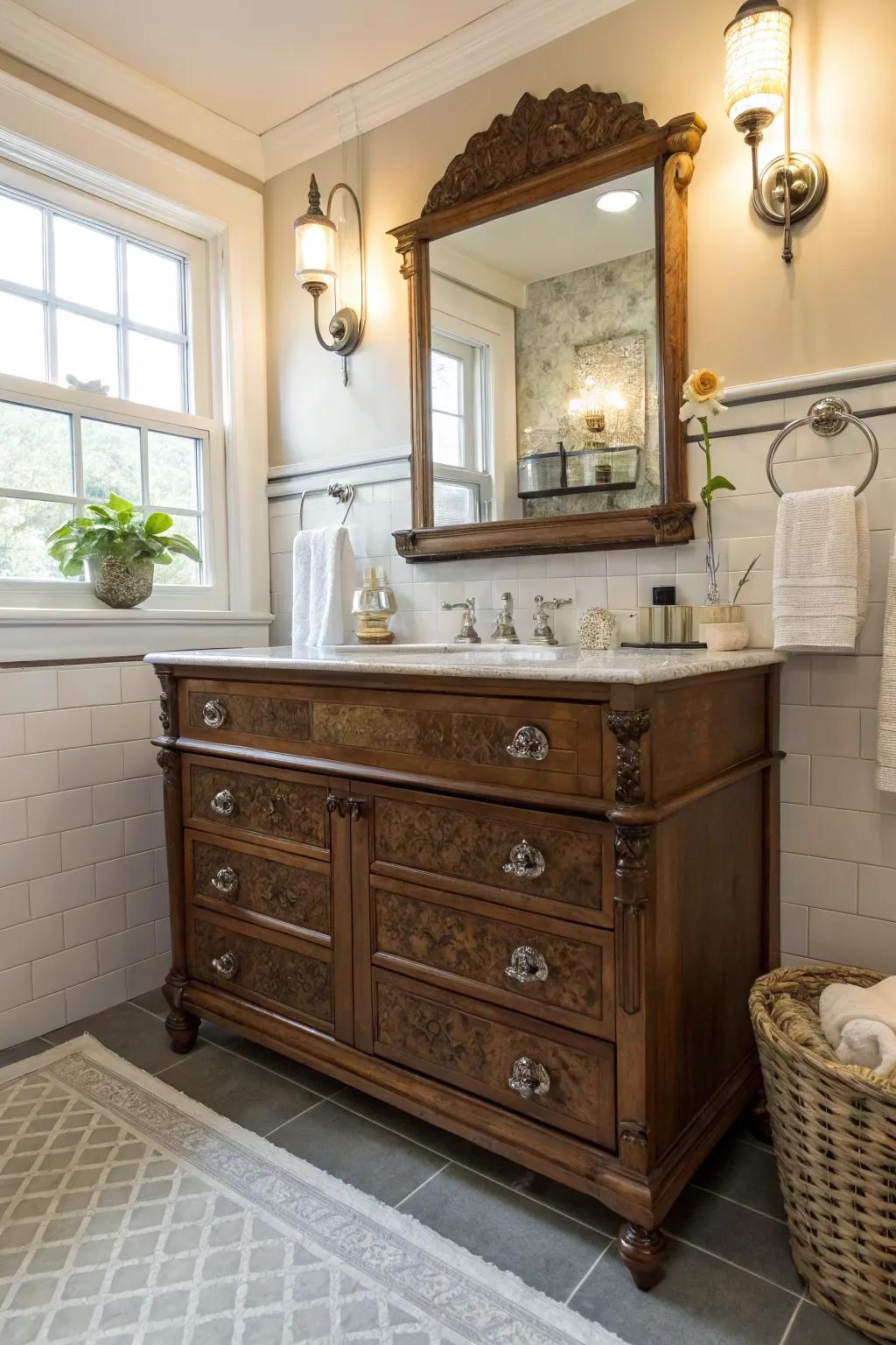 Reclaimed heirlooms introduce unique vintage character to bathrooms.