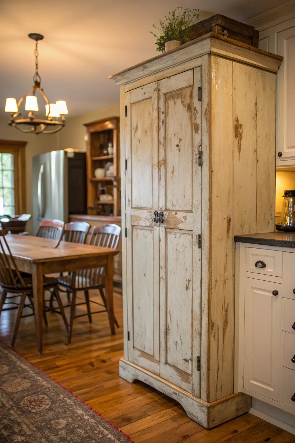 A weathered vintage storage unit adding texture to a cozy kitchen.