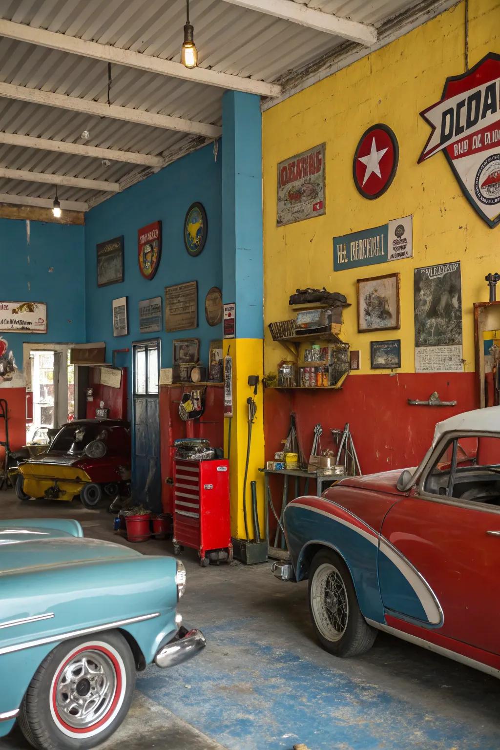 An eclectic hue palette incorporates vibrancy to a vintage garage.