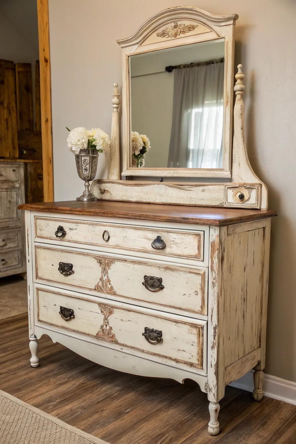 An old dresser can be repurposed into a beautiful vintage vanity.