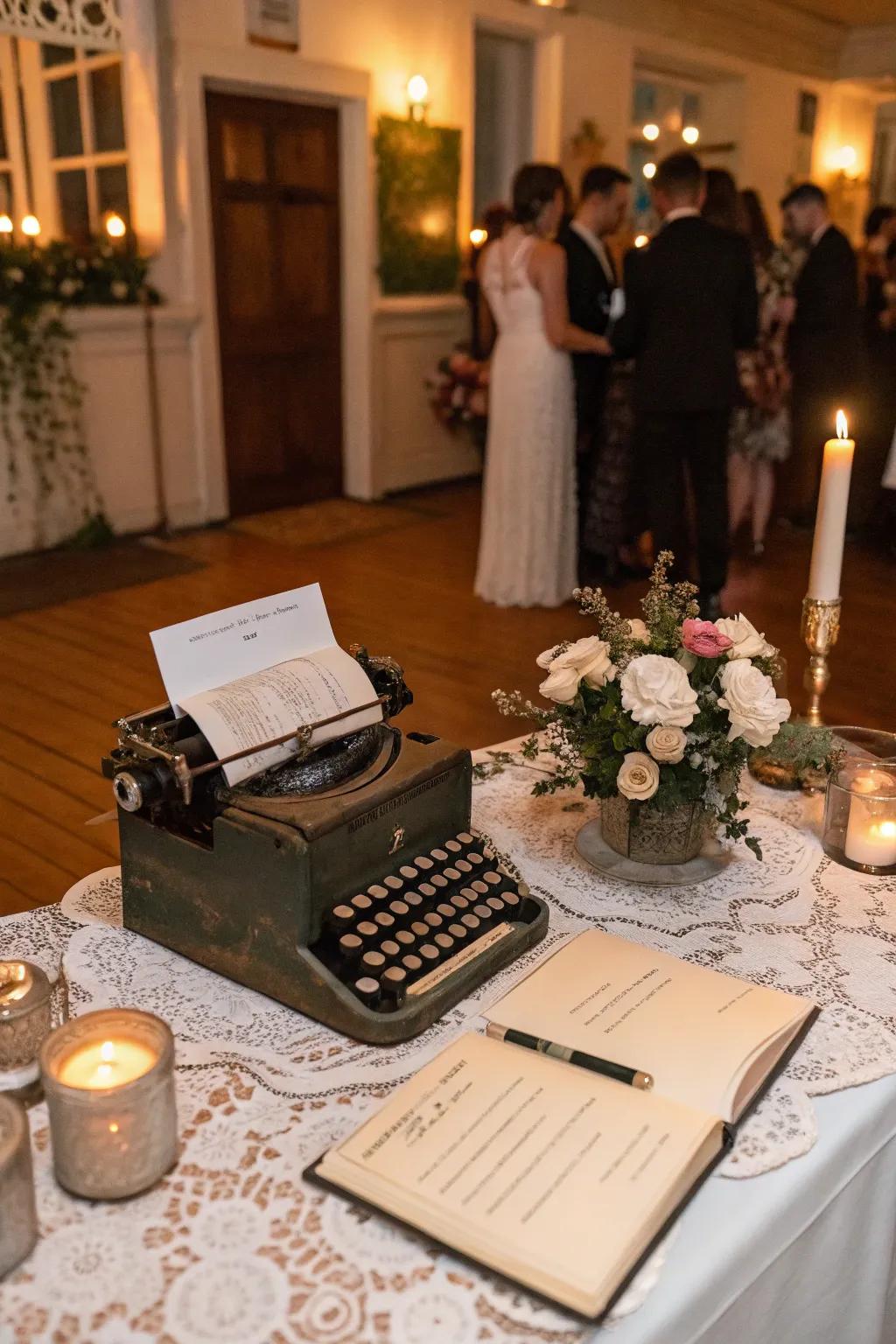 An antique writing machine used as a distinct guestbook at a wedding.