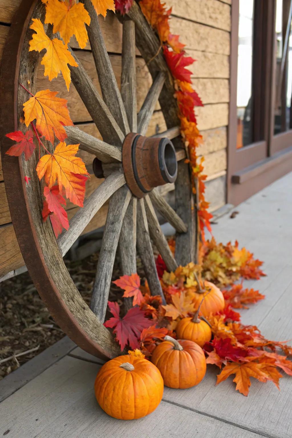 Seasonal impacts transform a cartwheel into festive fall ornamentation.