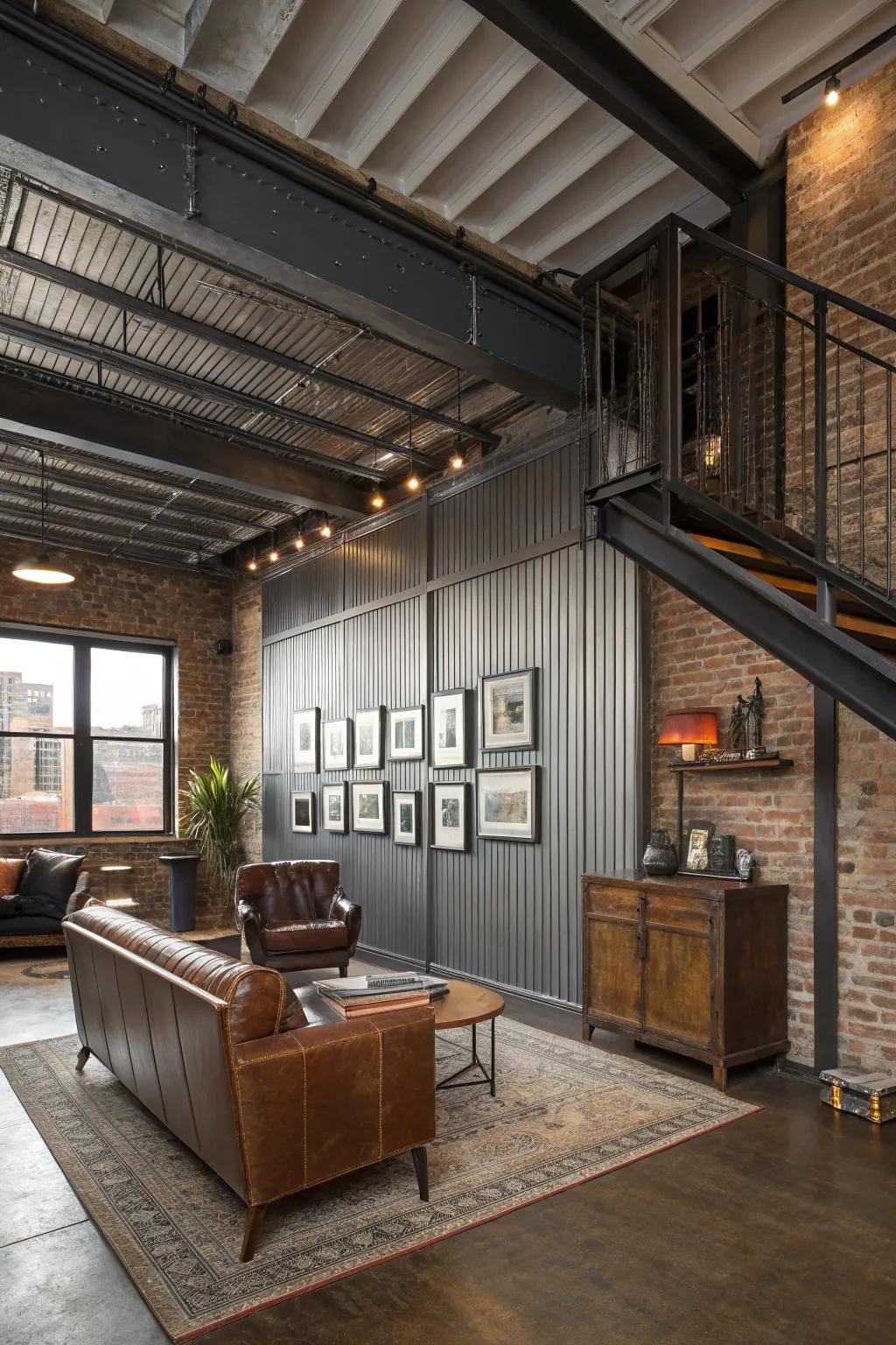 An urban loft with chic industrial metal wainscoting.