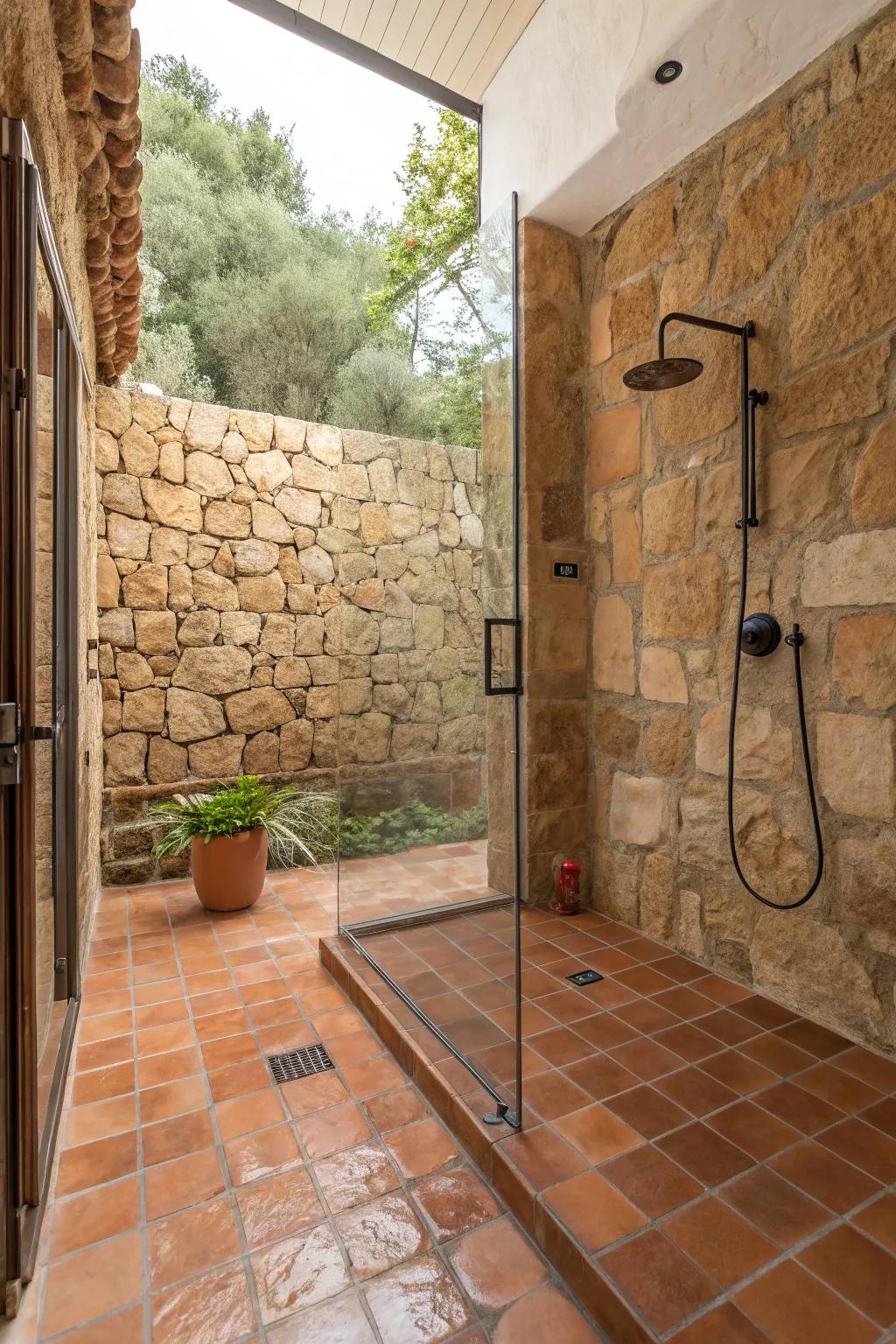 Shower with unglazed base facades and rock partitions.