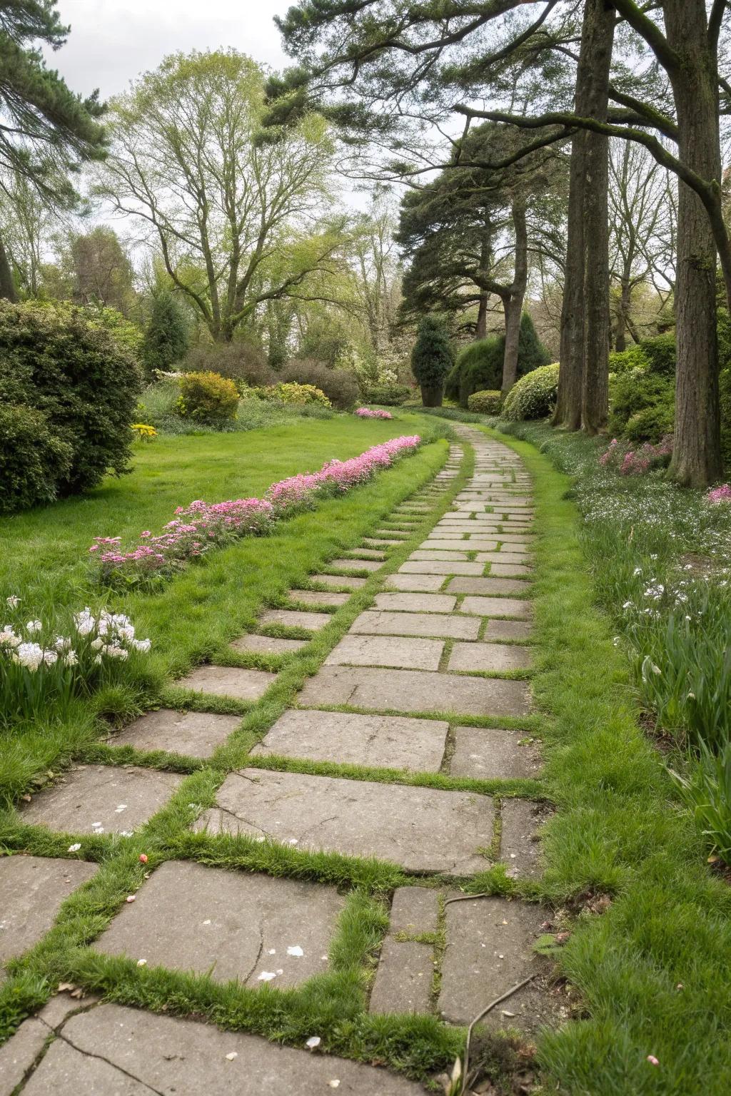 Grass pieces contribute a verdant accent, blending walkway with lawn.