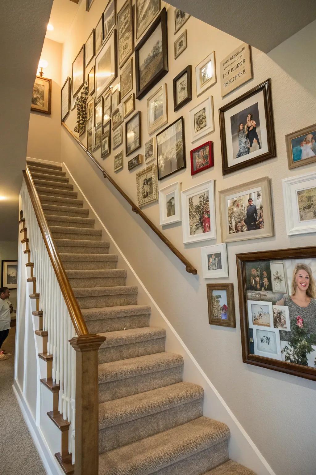 A photographic assemblage can transform your stairway wall into a compendium of cherished memories.
