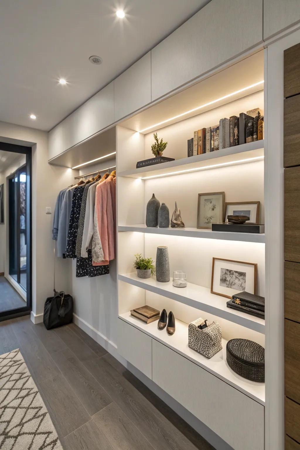 Modern aesthetics with Floating shelves in wall closets.