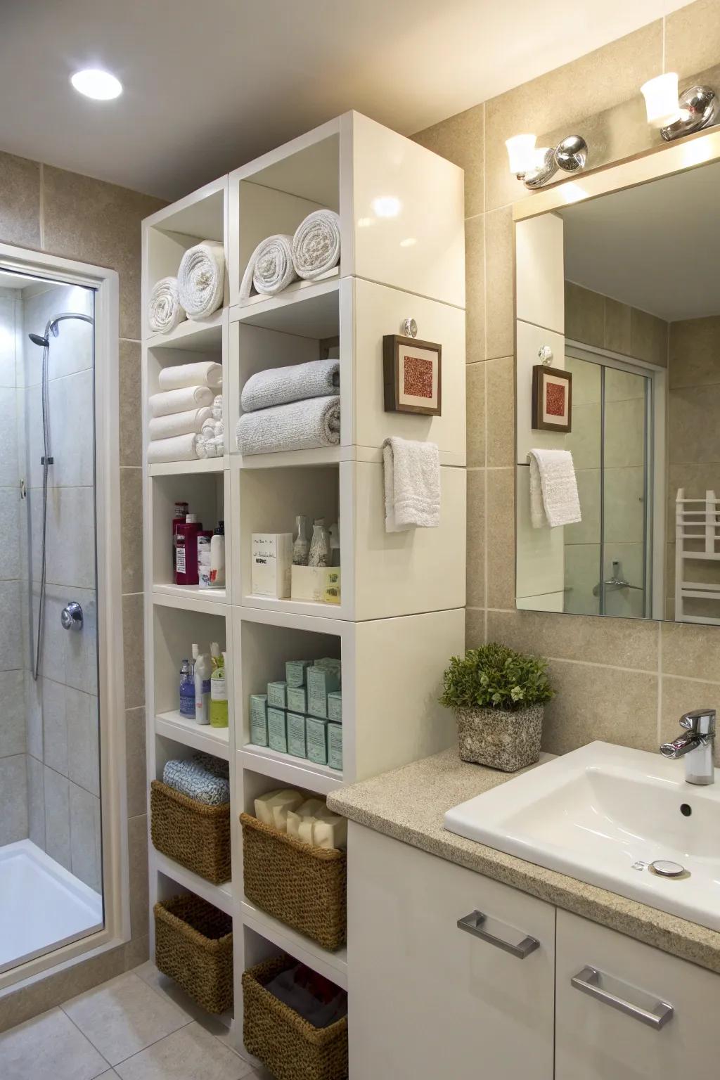 Retain the organization of your bathroom through fashionable wall cubes.
