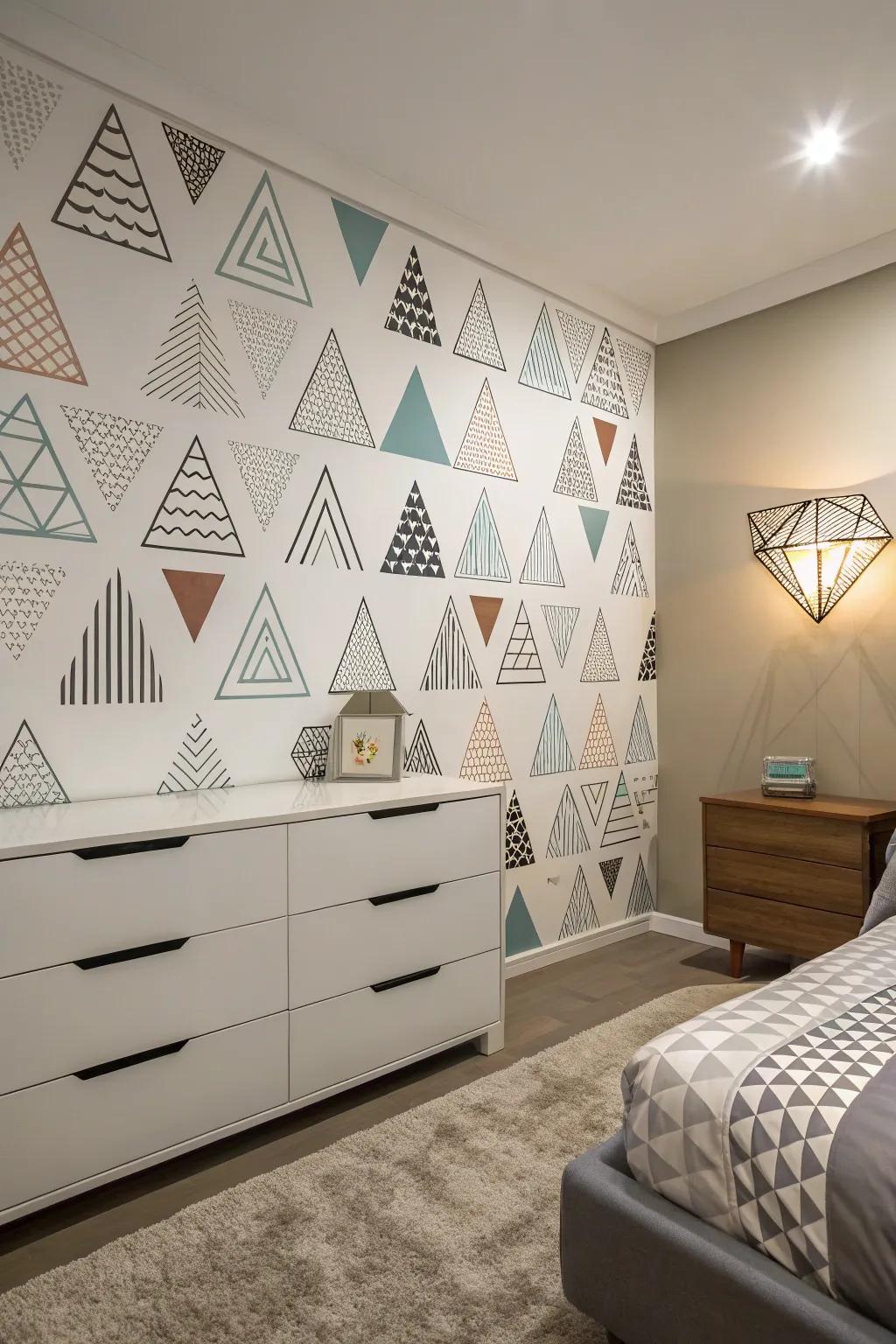 Angular appliqués infuse a contemporary and structured visage to the bedroom.