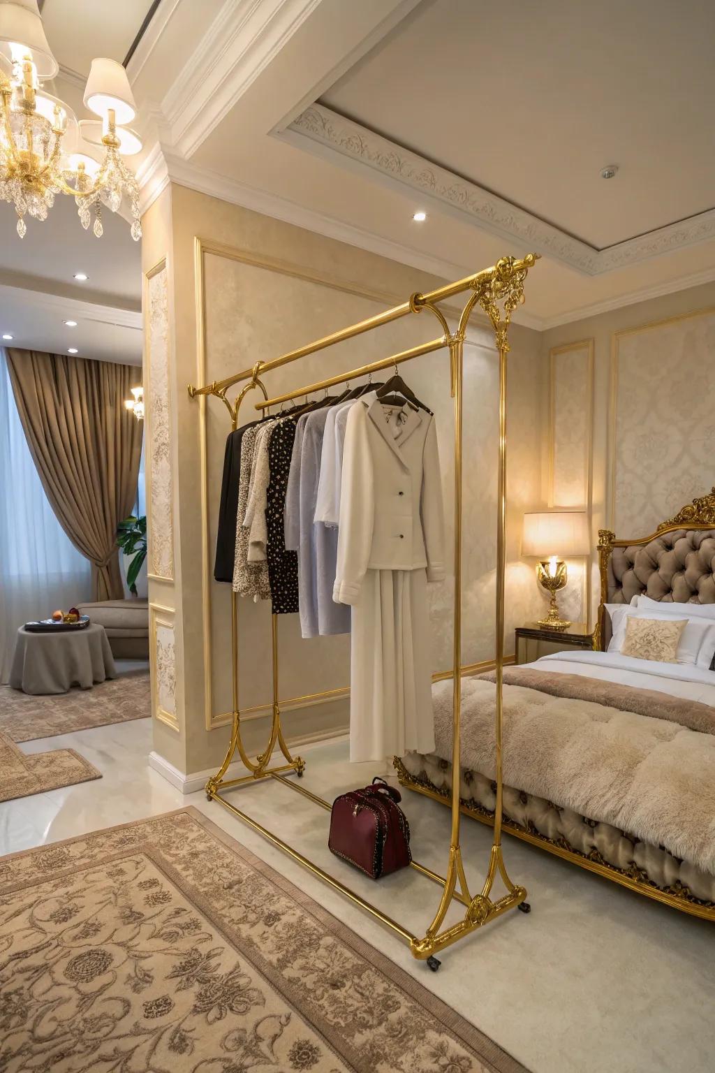 An elegant bedroom enhanced by a gold-finished wall-mounted clothing rack.