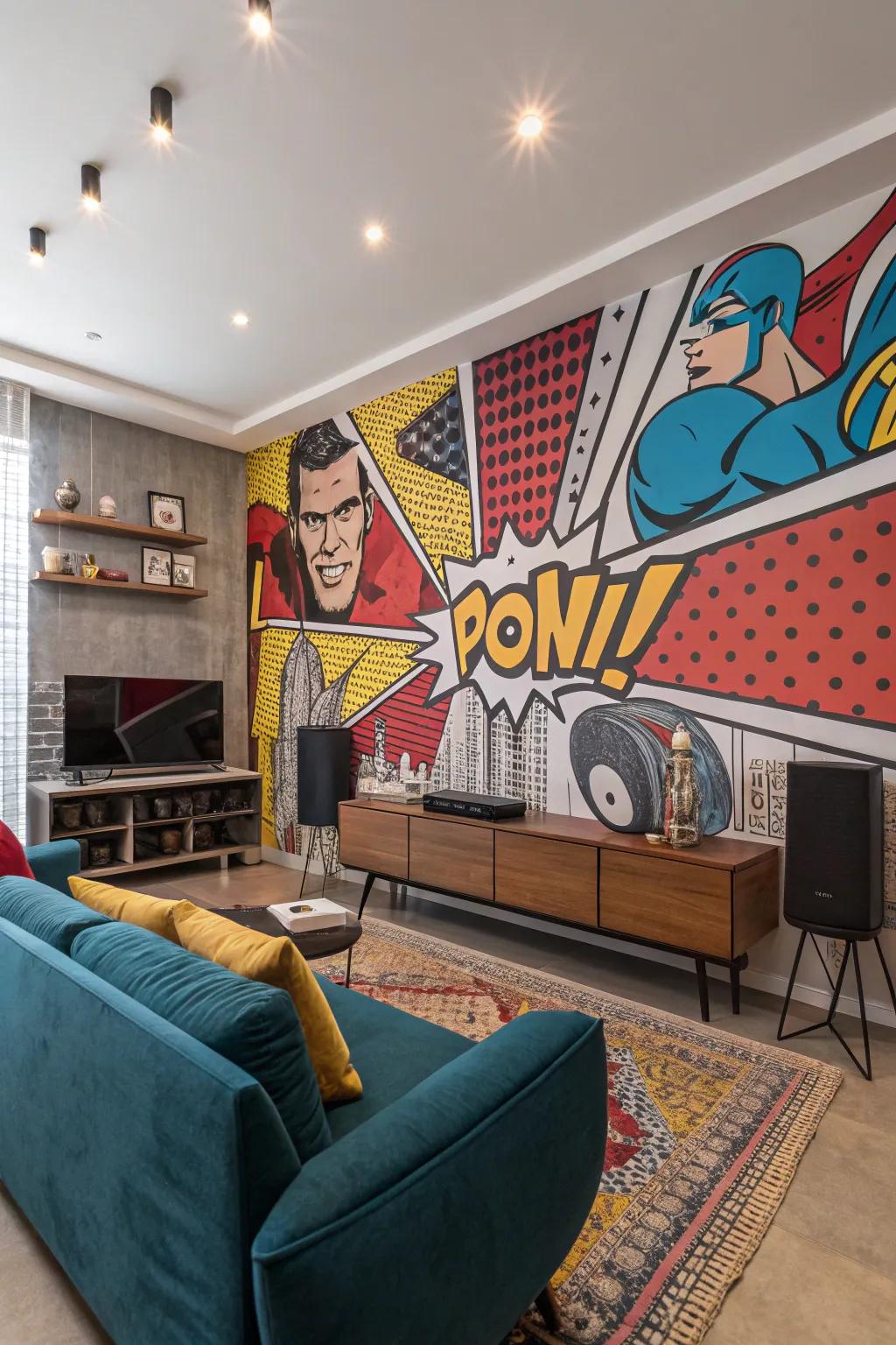 Bring energy and nostalgia with a vibrant pop art mural.