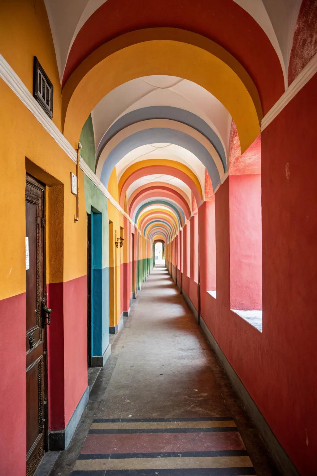 Painted rounded structures introducing personality to a passageway.