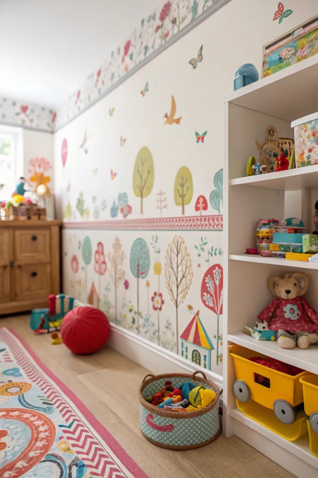 A children's room transformed into a magical mural with a wallpaper edging.